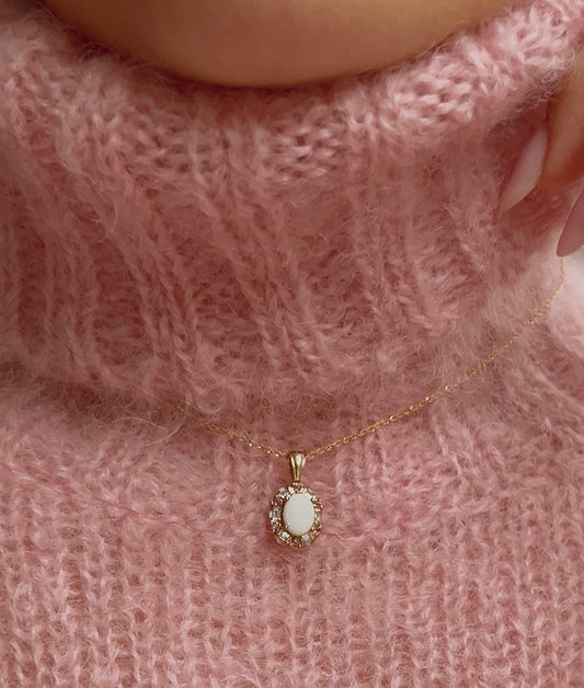 Beautiful Mid Century 9ct Gold, Opal, Diamond and Ruby Pendant and Chain