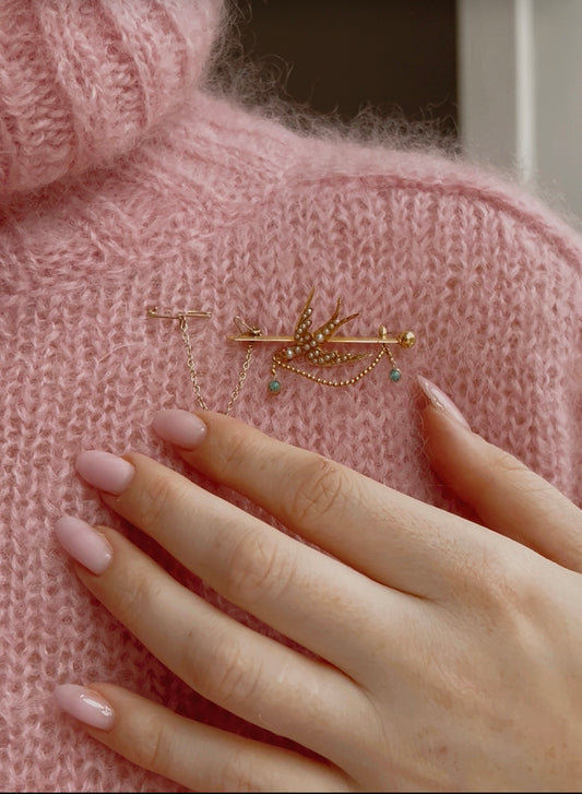 Wonderful Alabaster & Wilson Early 20th Century 15ct Gold, Pearl and Turquoise Brooch with Safety Pin