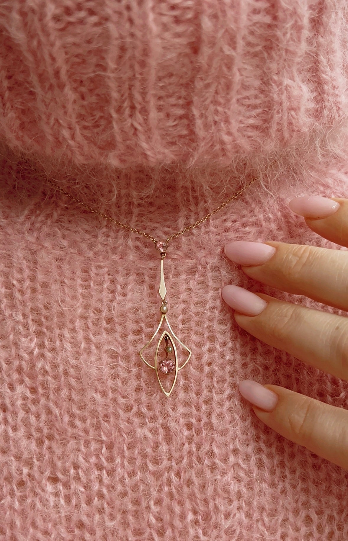 Very Pretty Early 20th Century 9ct Gold Pink Tourmaline and Pearl Necklace