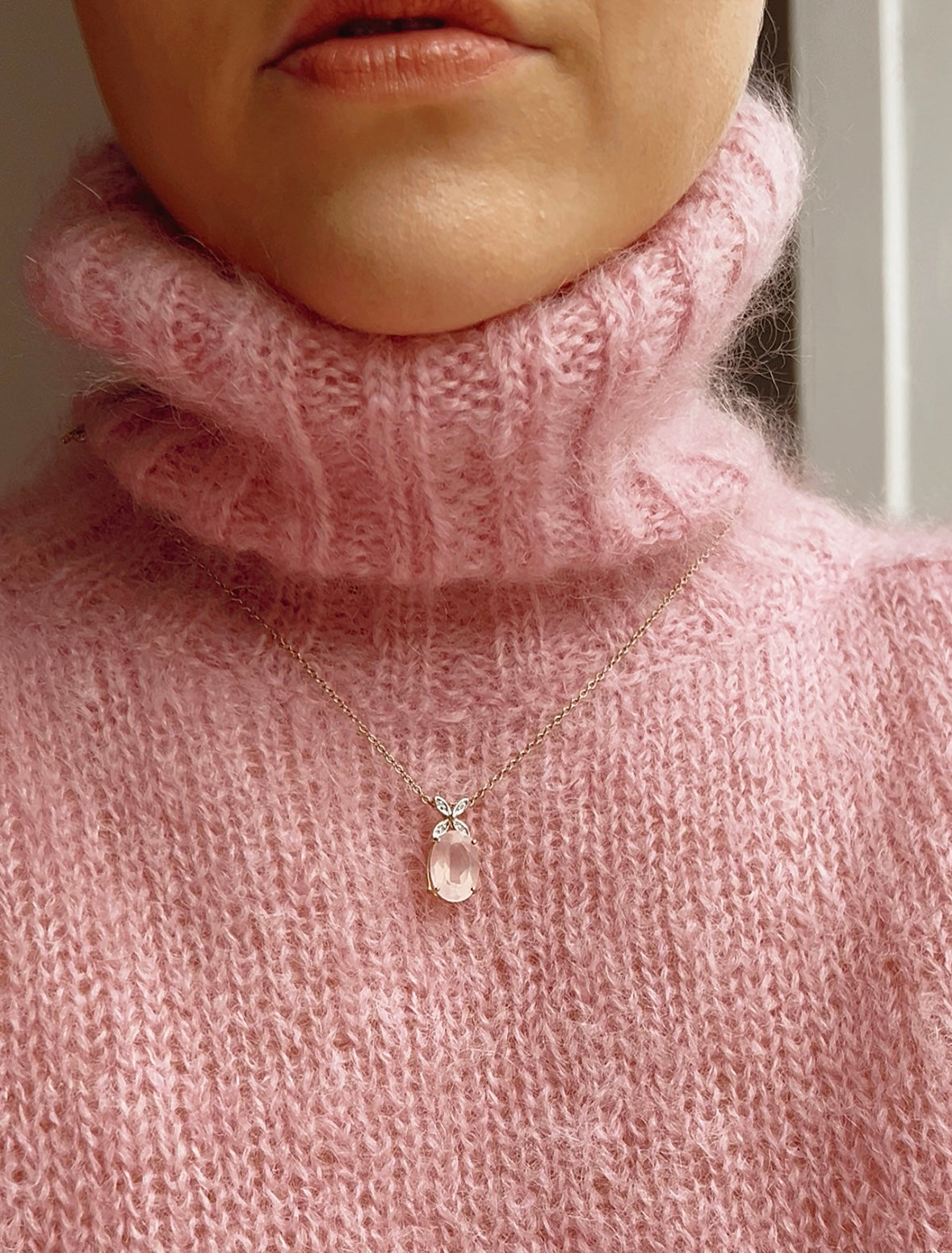 Gorgeous 9ct Gold Pink Rose Quartz and Diamond Pendant