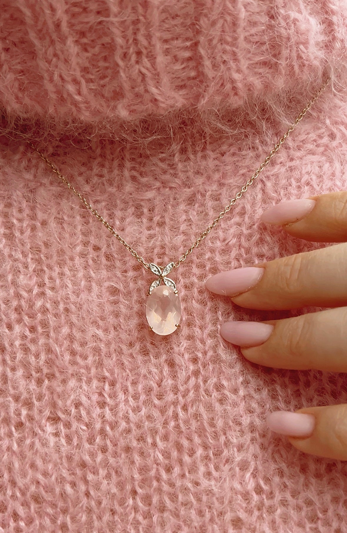Gorgeous 9ct Gold Pink Rose Quartz and Diamond Pendant