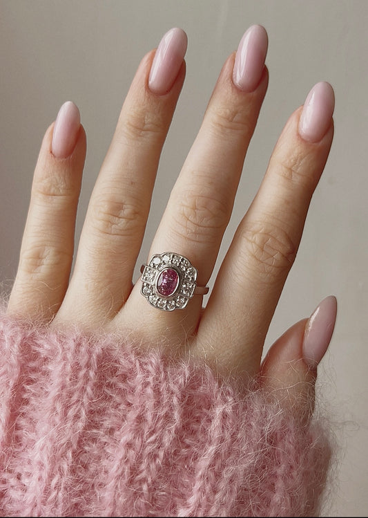 Stunning Art Deco Style Platinum, Pink Sapphire and Diamond Ring