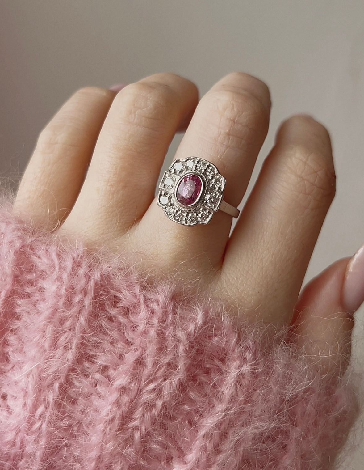 Stunning Art Deco Style Platinum, Pink Sapphire and Diamond Ring