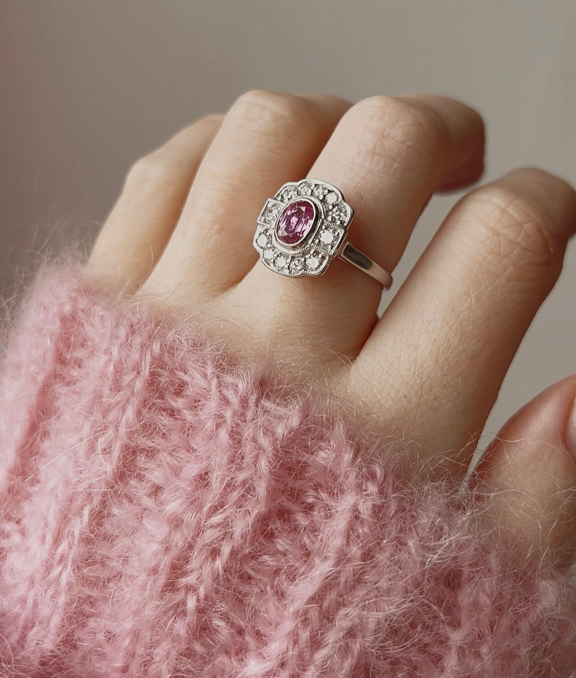 Stunning Art Deco Style Platinum, Pink Sapphire and Diamond Ring