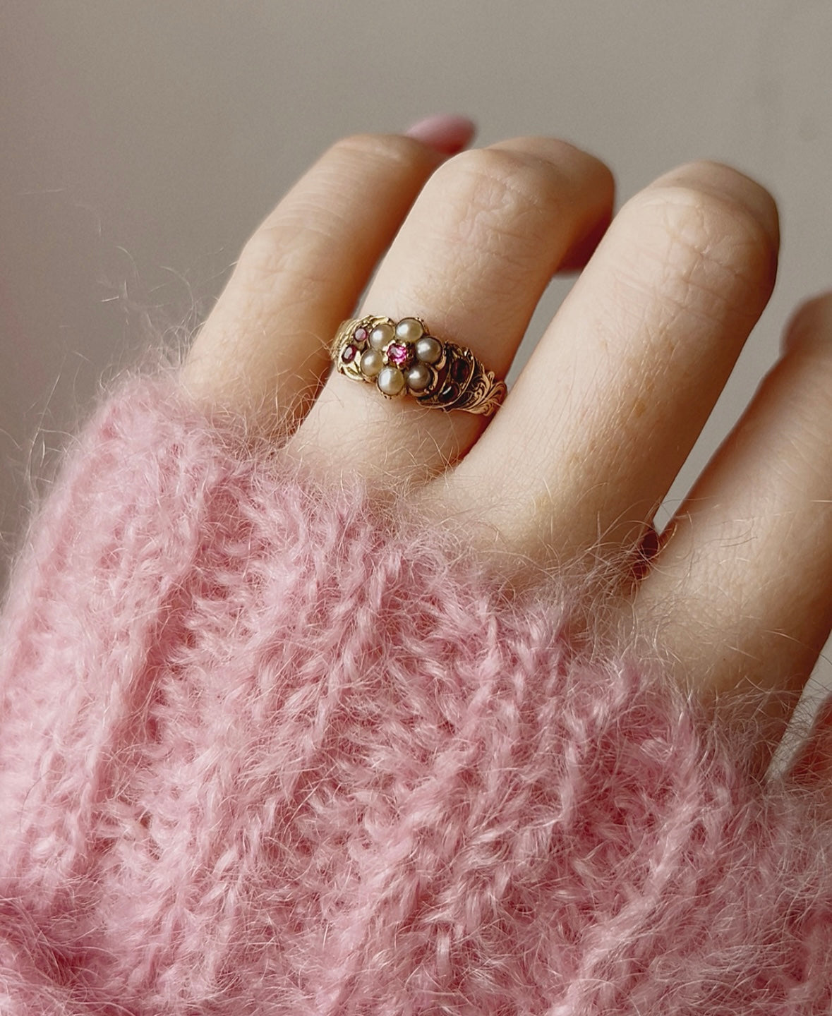 Simply Beautiful 19th Century Gold, Ruby and Split Pearl Ring