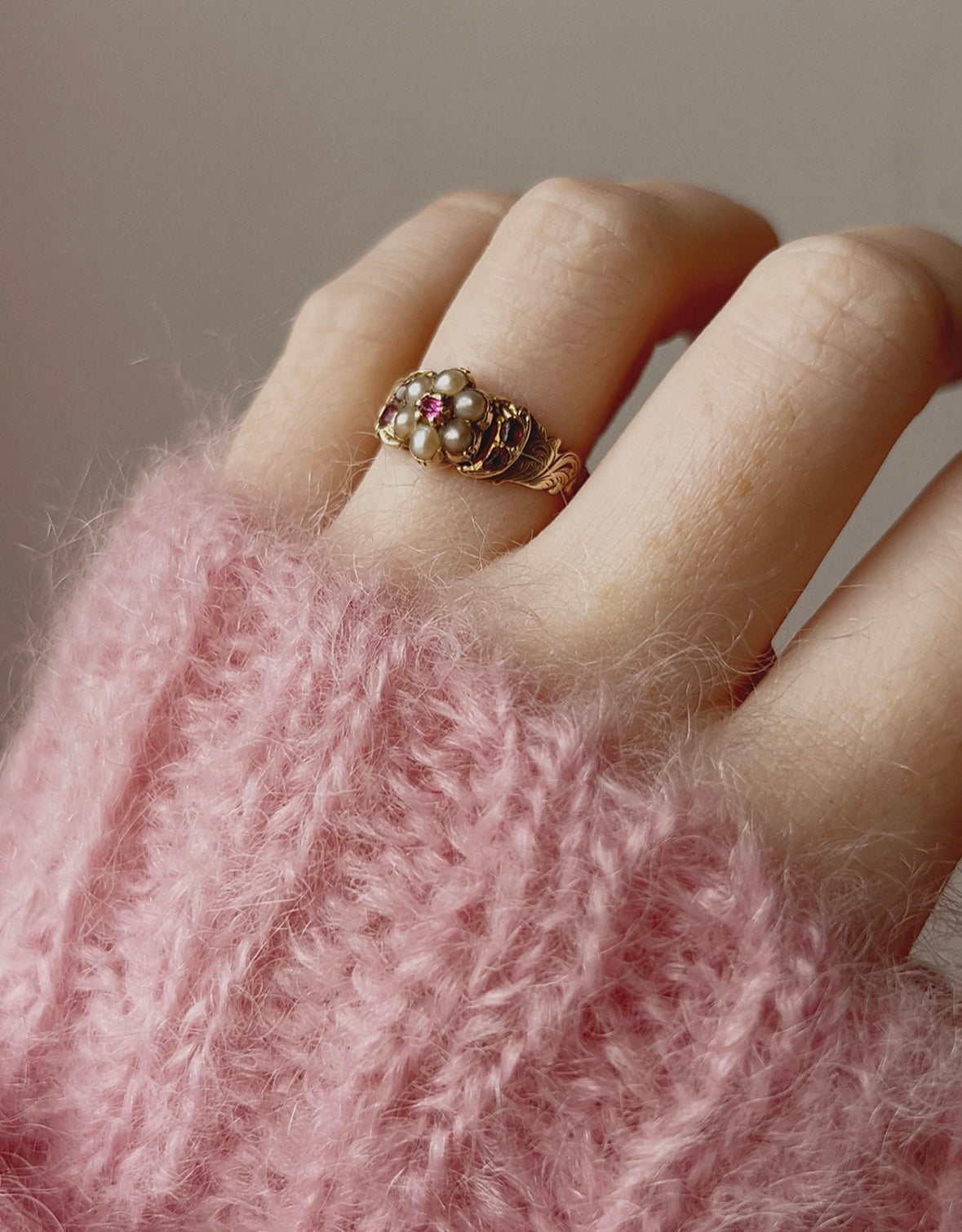 Simply Beautiful 19th Century Gold, Ruby and Split Pearl Ring