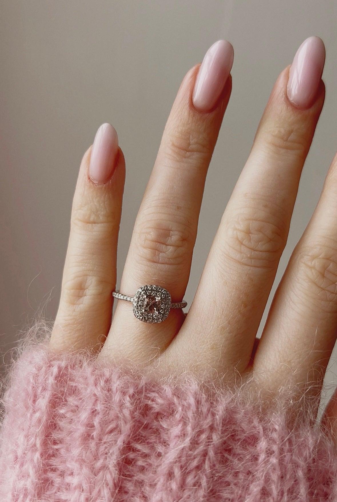 Beautiful Modern Platinum, Pink Morganite and Diamond Halo Ring
