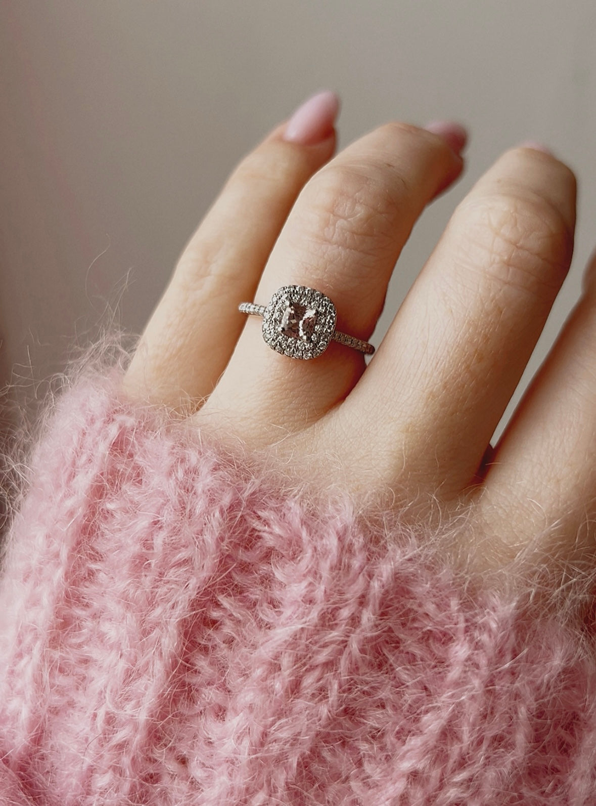 Beautiful Modern Platinum, Pink Morganite and Diamond Halo Ring