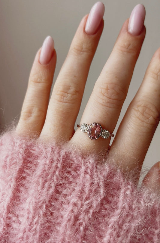 Wonderful Modern Platinum Pink Tourmaline and Diamond Three Stone Ring
