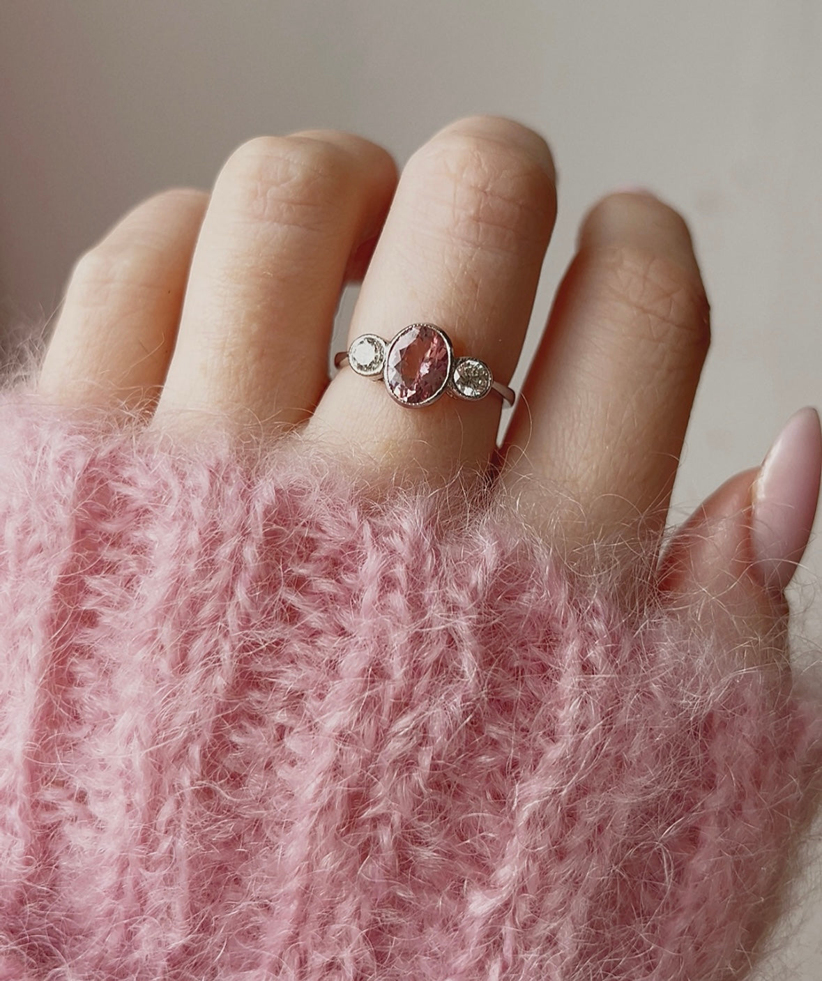 Wonderful Modern Platinum Pink Tourmaline and Diamond Three Stone Ring