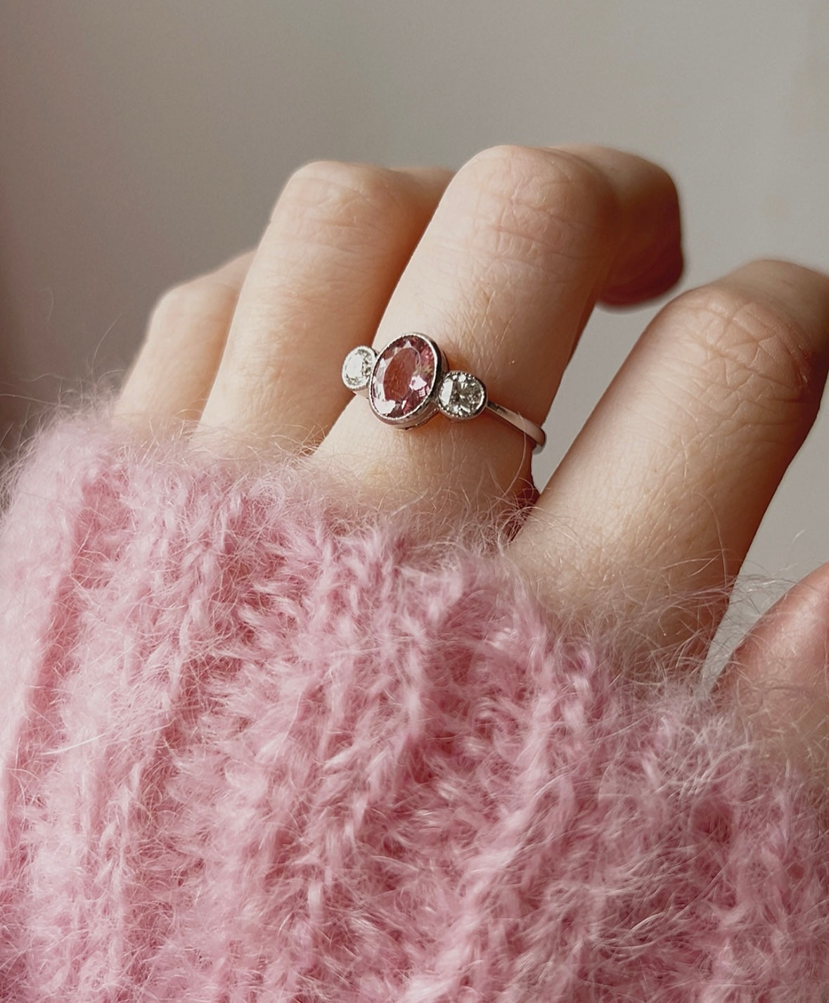 Wonderful Modern Platinum Pink Tourmaline and Diamond Three Stone Ring