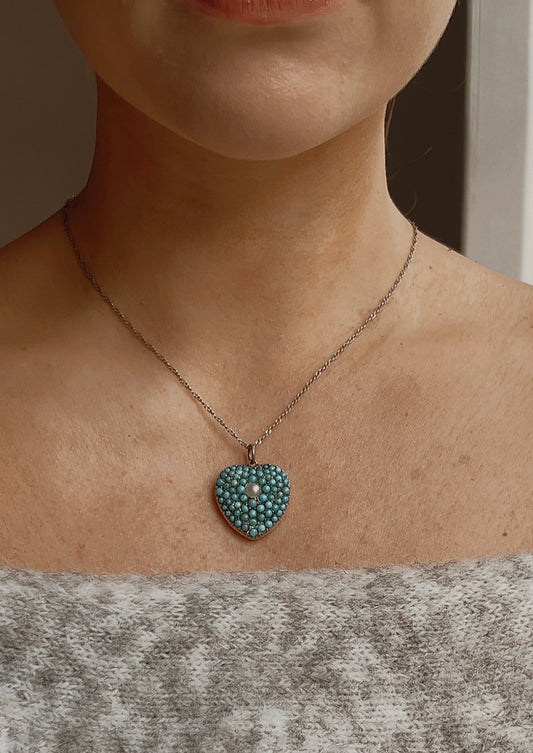 Exquisite Antique Turquoise and Pearl Heart Pendant