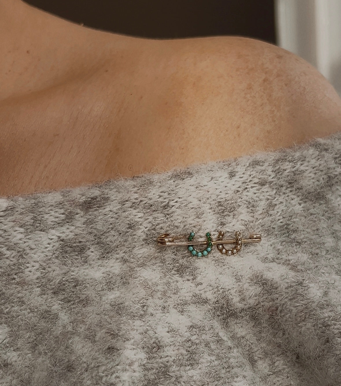 Wonderful 19th Century Victorian Turquoise and Split Pearl Double Horseshoe Brooch