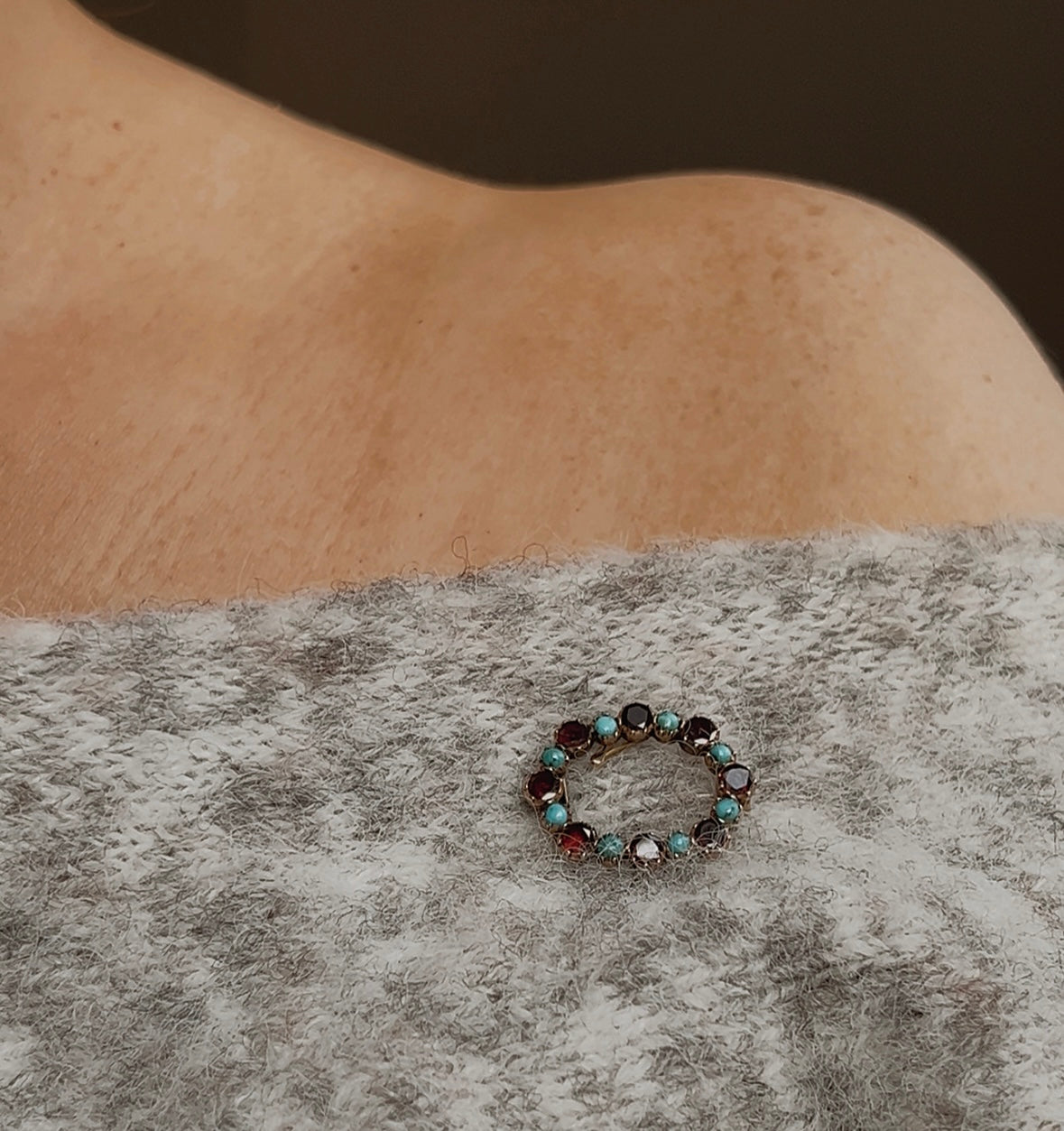 The Sweetest Georgian Garnet and Turquoise Wreath Brooch
