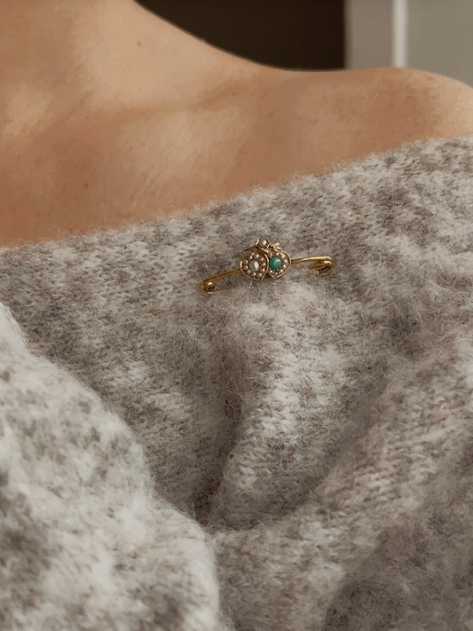 Wonderful Late 19th Century 9ct Gold Turquoise and Split Pearl Double-Heart Brooch