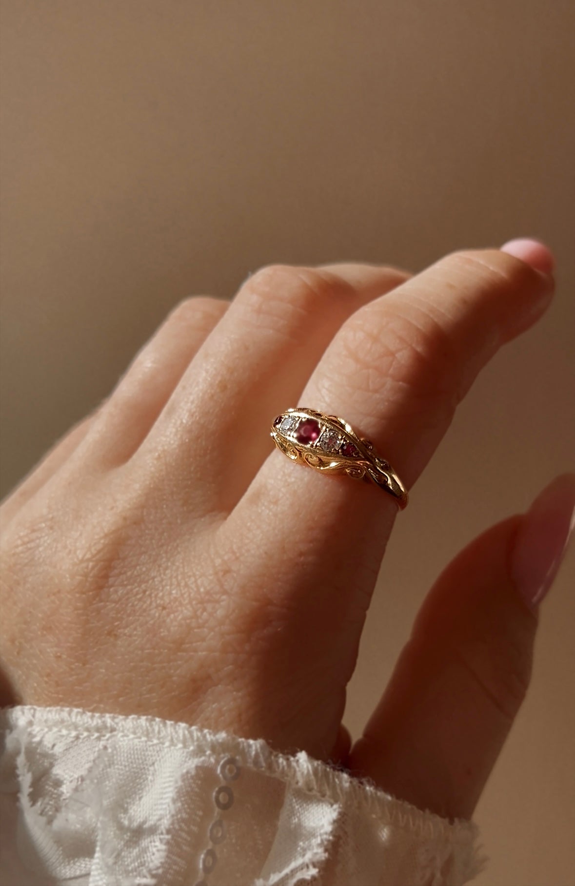 Gorgeous Early 20th Century Gold, Ruby and Diamond Five Stone Ring
