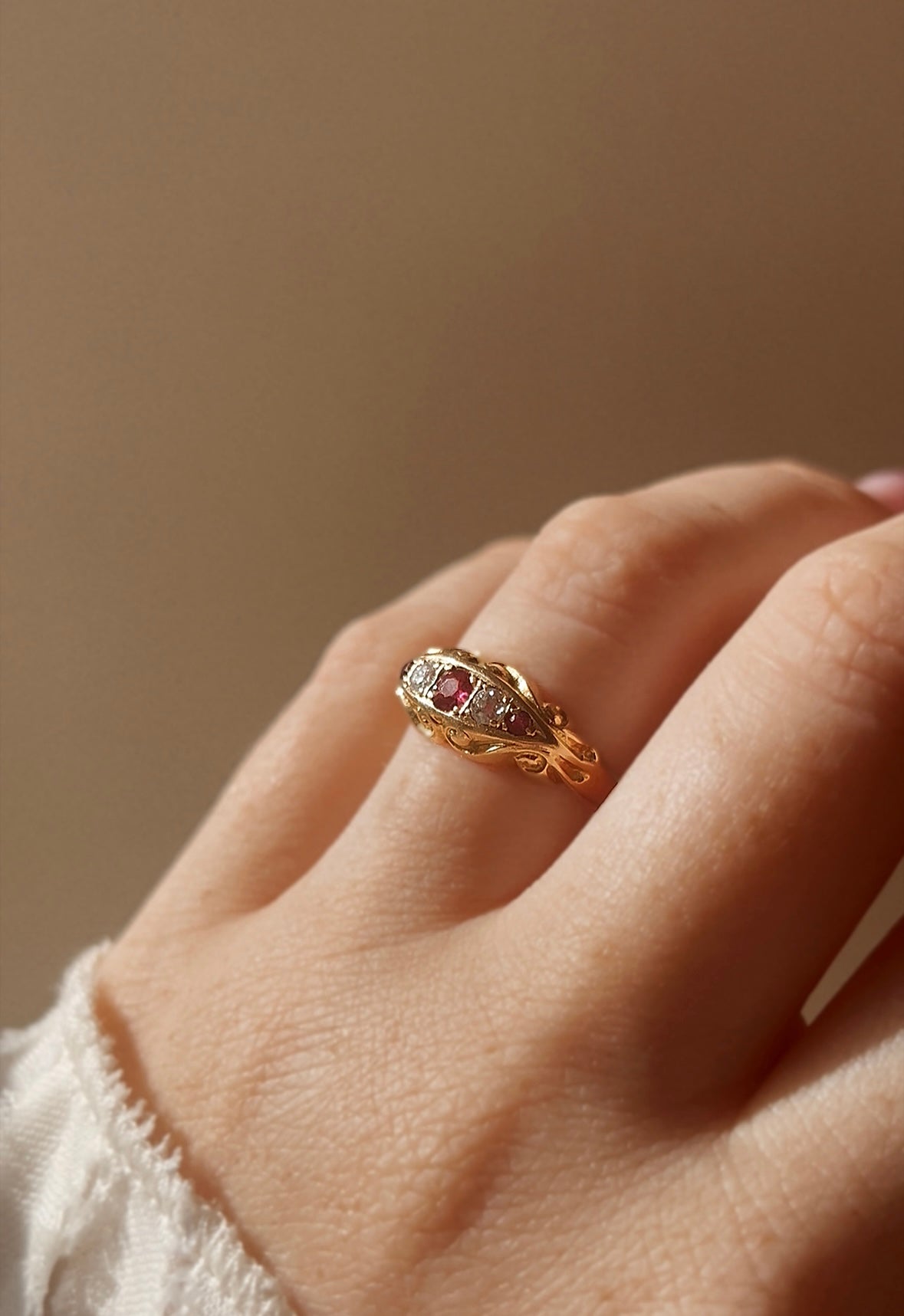 Gorgeous Early 20th Century Gold, Ruby and Diamond Five Stone Ring