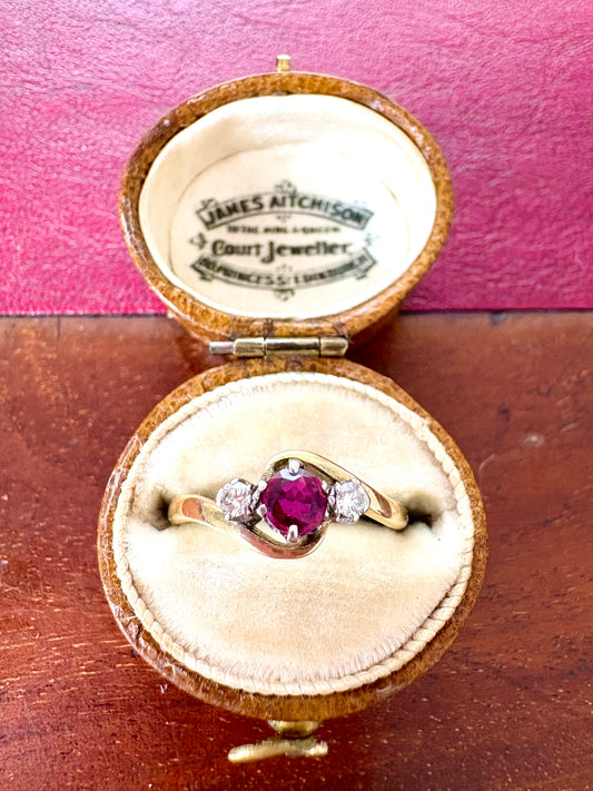 Gorgeous Vintage Gold, Ruby and Diamond Three Stone Crossover Ring