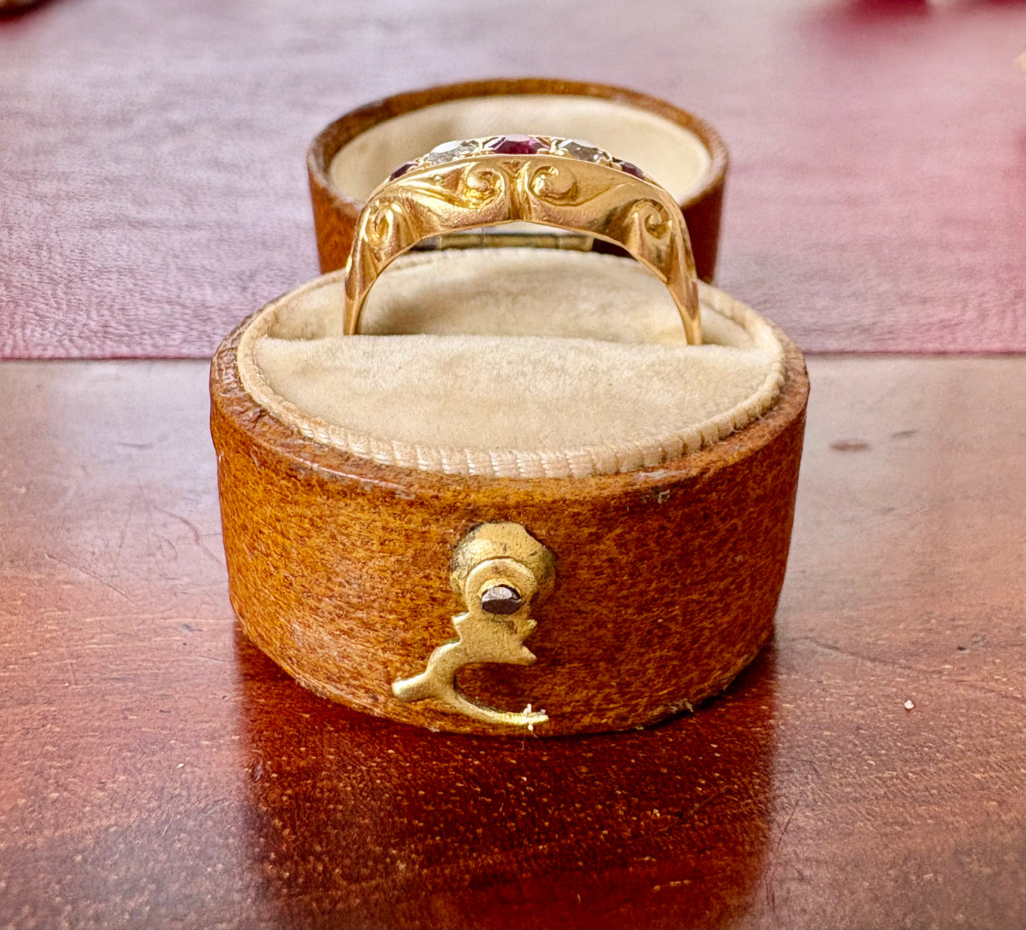 Gorgeous Early 20th Century Gold, Ruby and Diamond Five Stone Ring