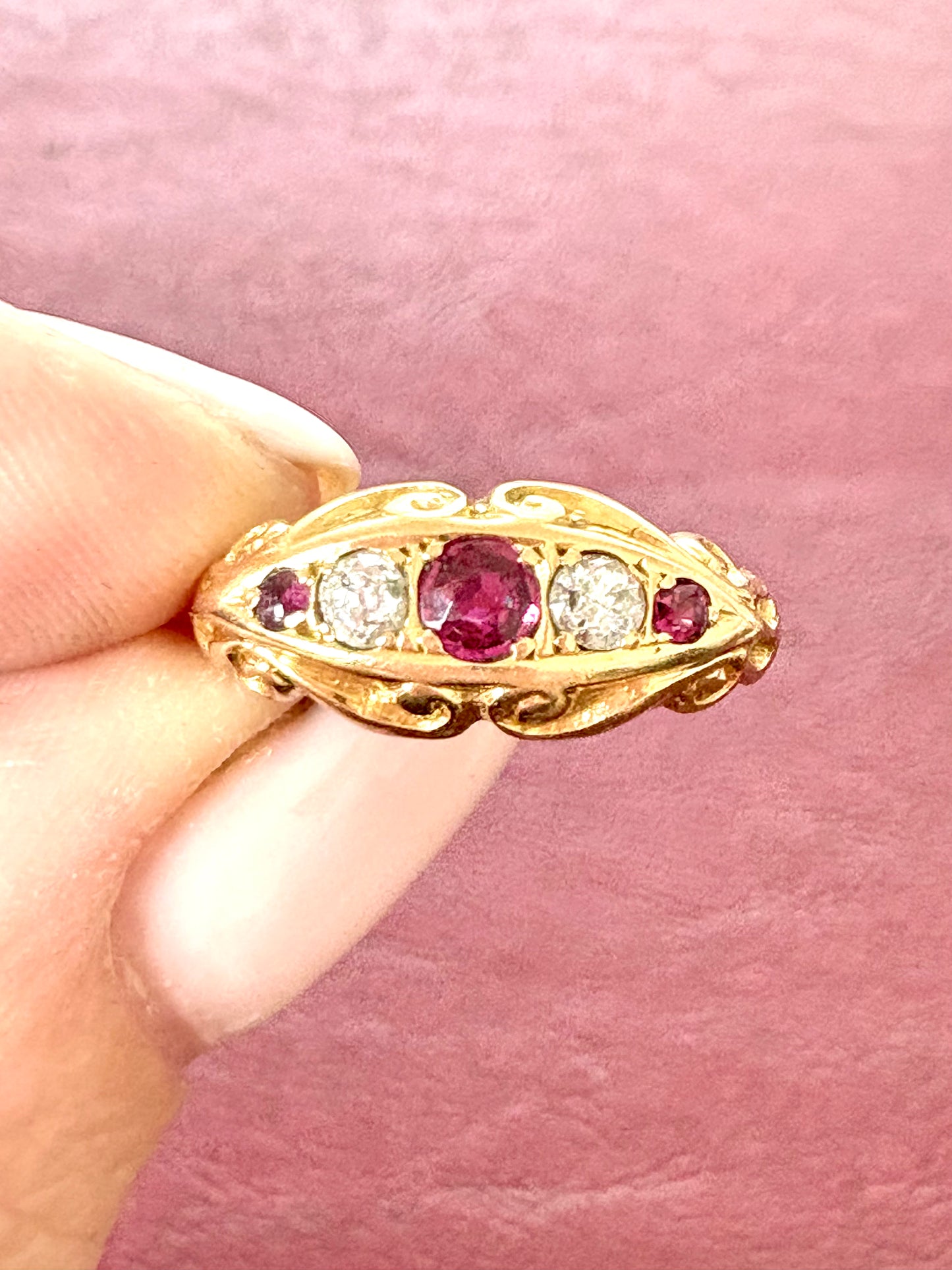 Gorgeous Early 20th Century Gold, Ruby and Diamond Five Stone Ring