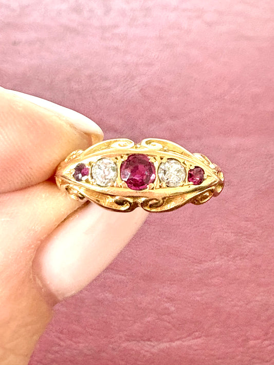 Gorgeous Early 20th Century Gold, Ruby and Diamond Five Stone Ring