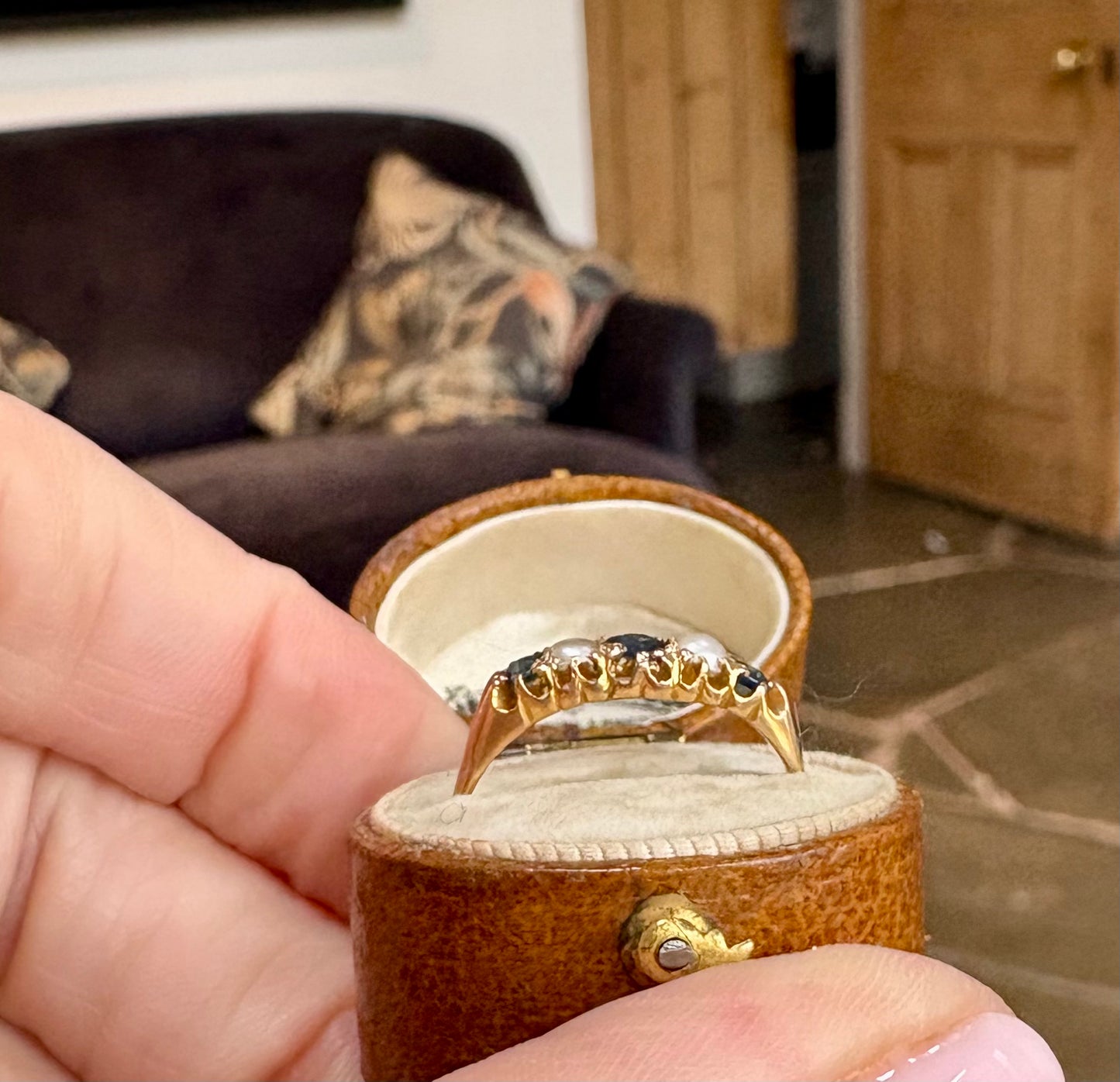 Sweet Edwardian 9ct Gold Blue Sapphire and Pearl Claw Set Ring