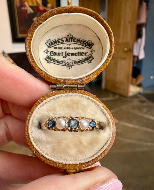 Sweet Edwardian 9ct Gold Blue Sapphire and Pearl Claw Set Ring