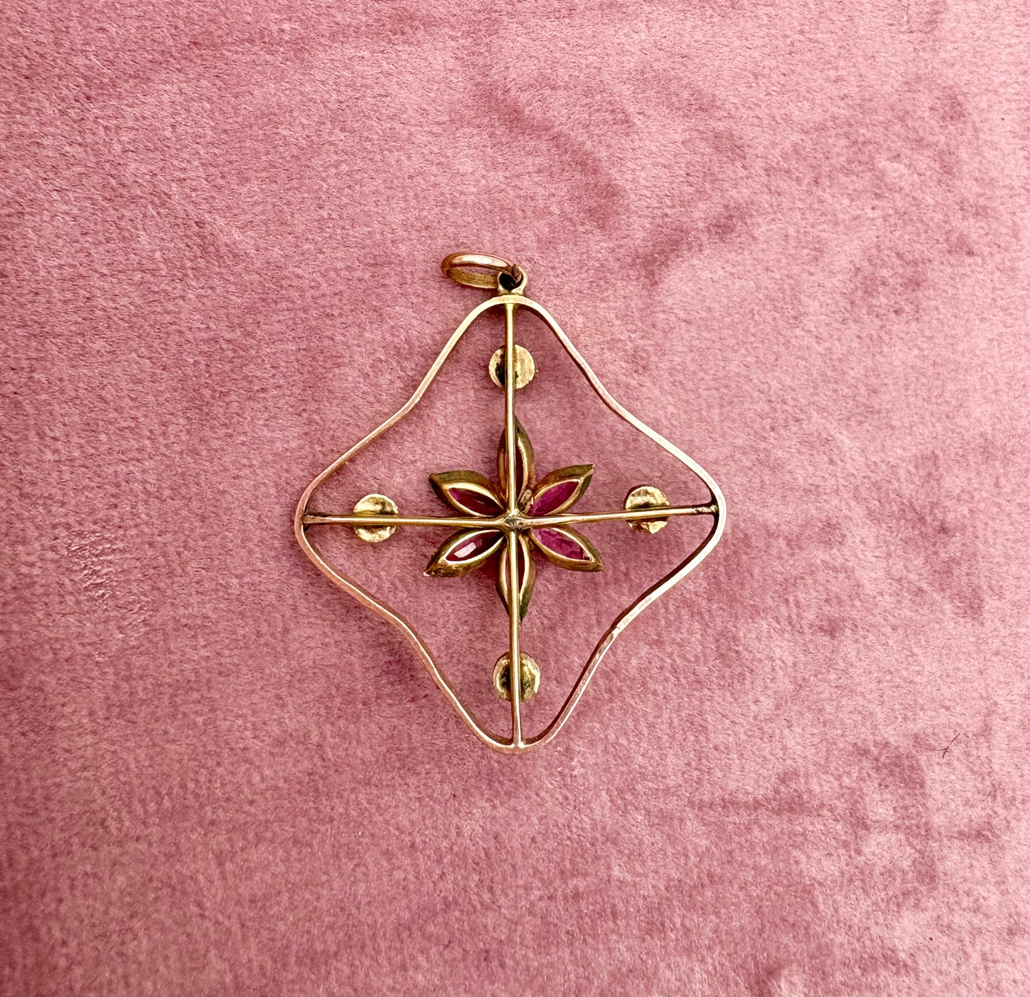 Exceptionally Pretty 9ct Gold, Pink Paste and Split Pearl Pendant