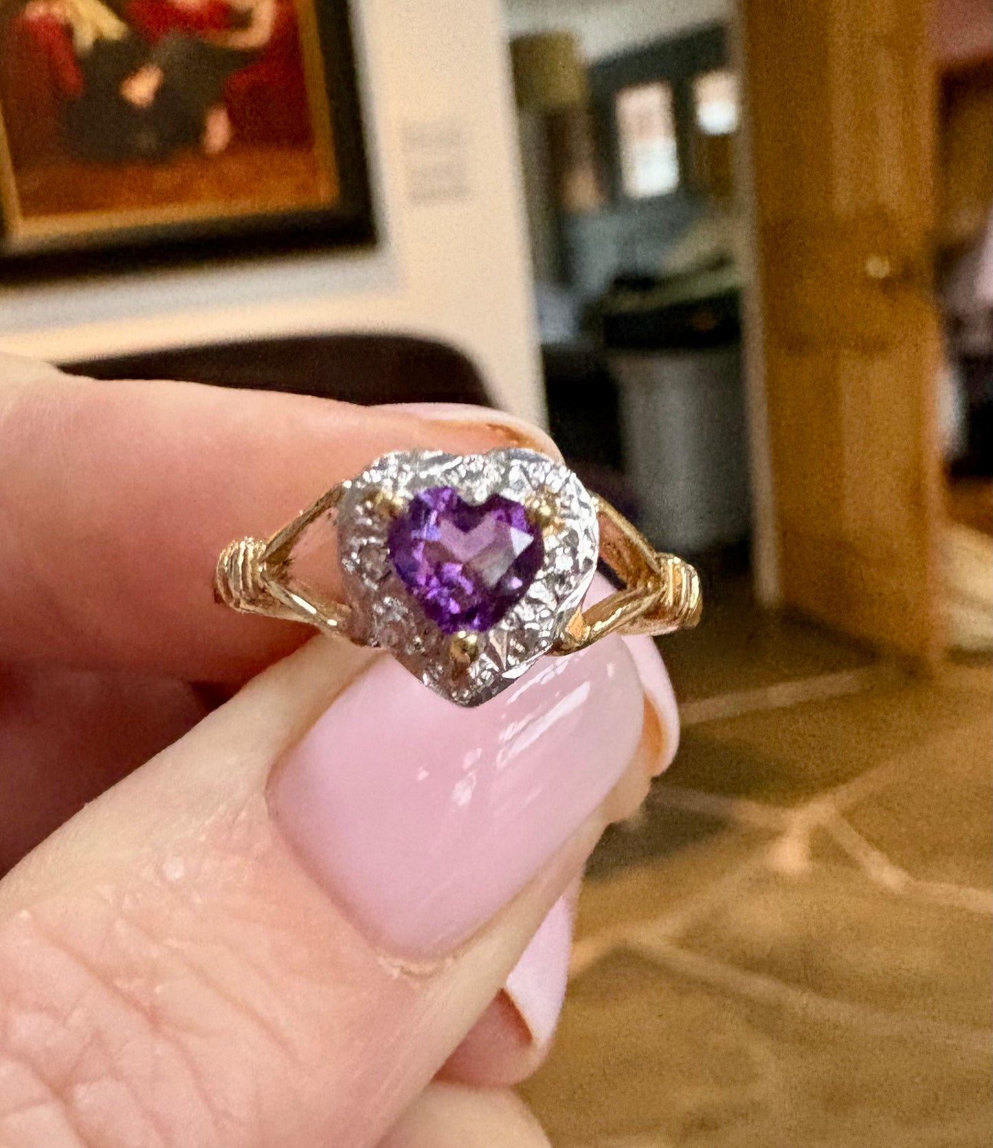 Sweet Vintage 9ct Gold, Amethyst and Diamond Heart Ring