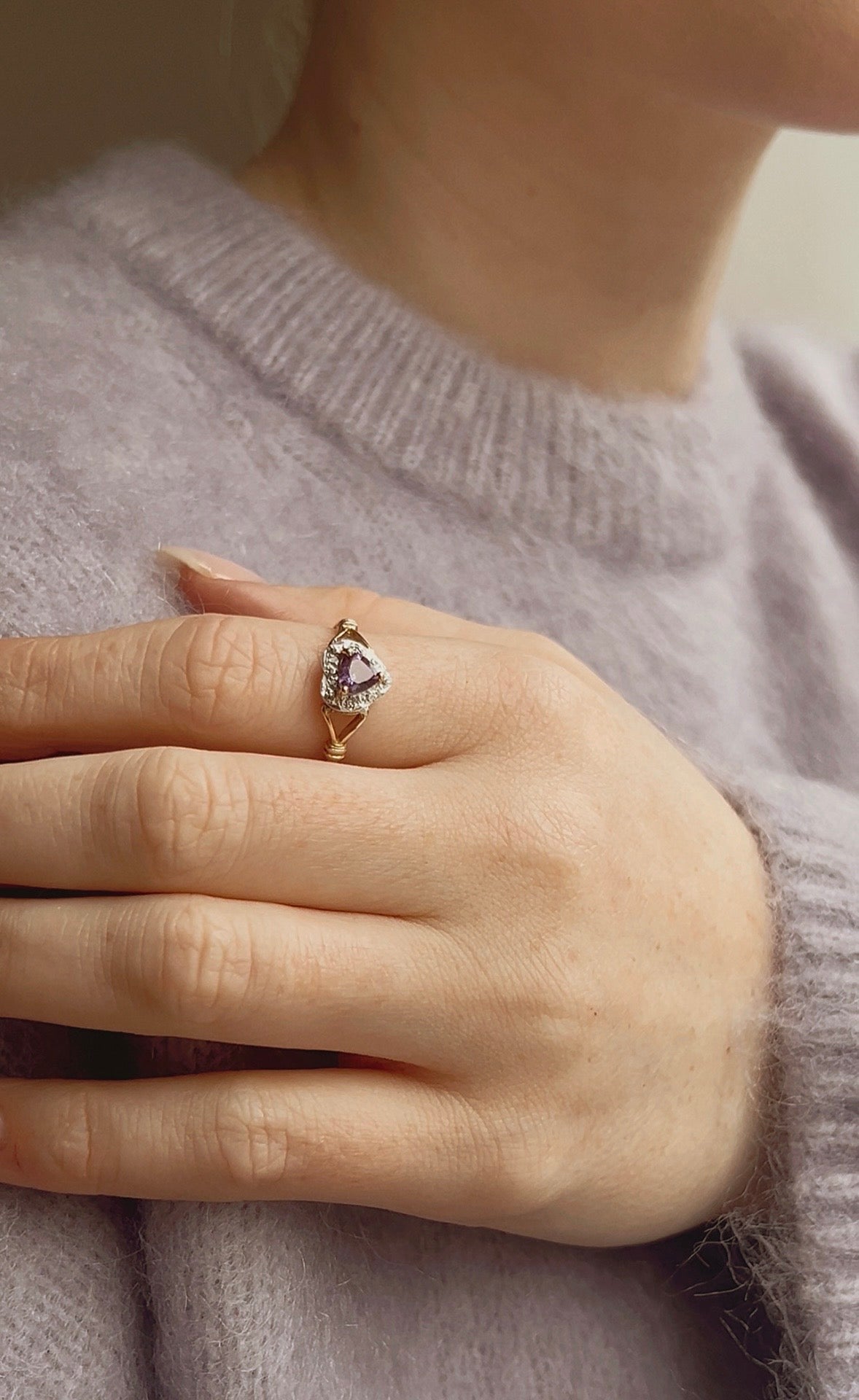 Sweet Vintage 9ct Gold, Amethyst and Diamond Heart Ring
