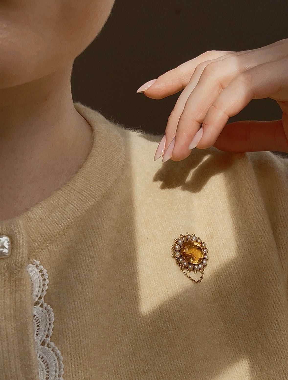 Stunning Victorian Citrine and Split Pearl Cluster Brooch with Safety Pin