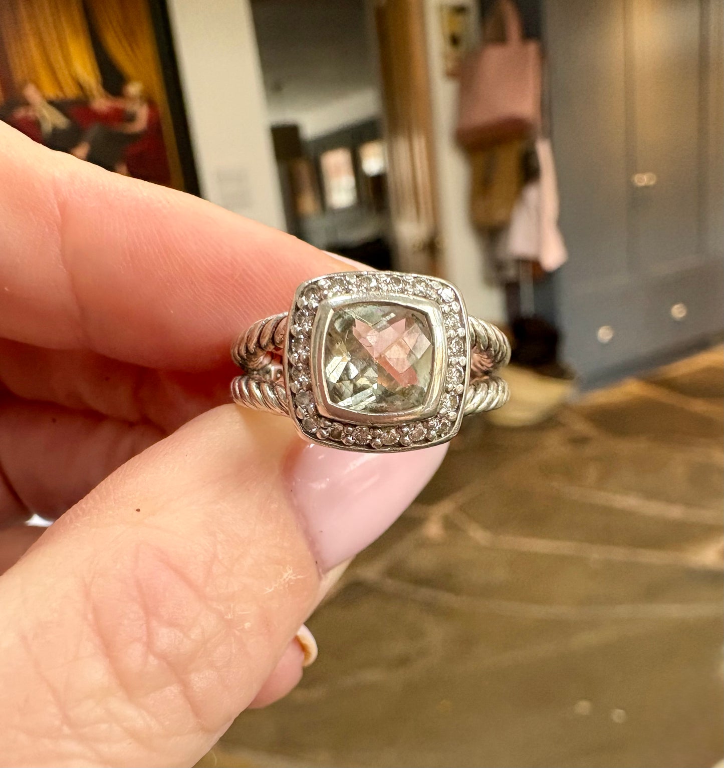 Gorgeous David Yurman Sterling Silver Albion White Topaz & Diamond Cable Ring