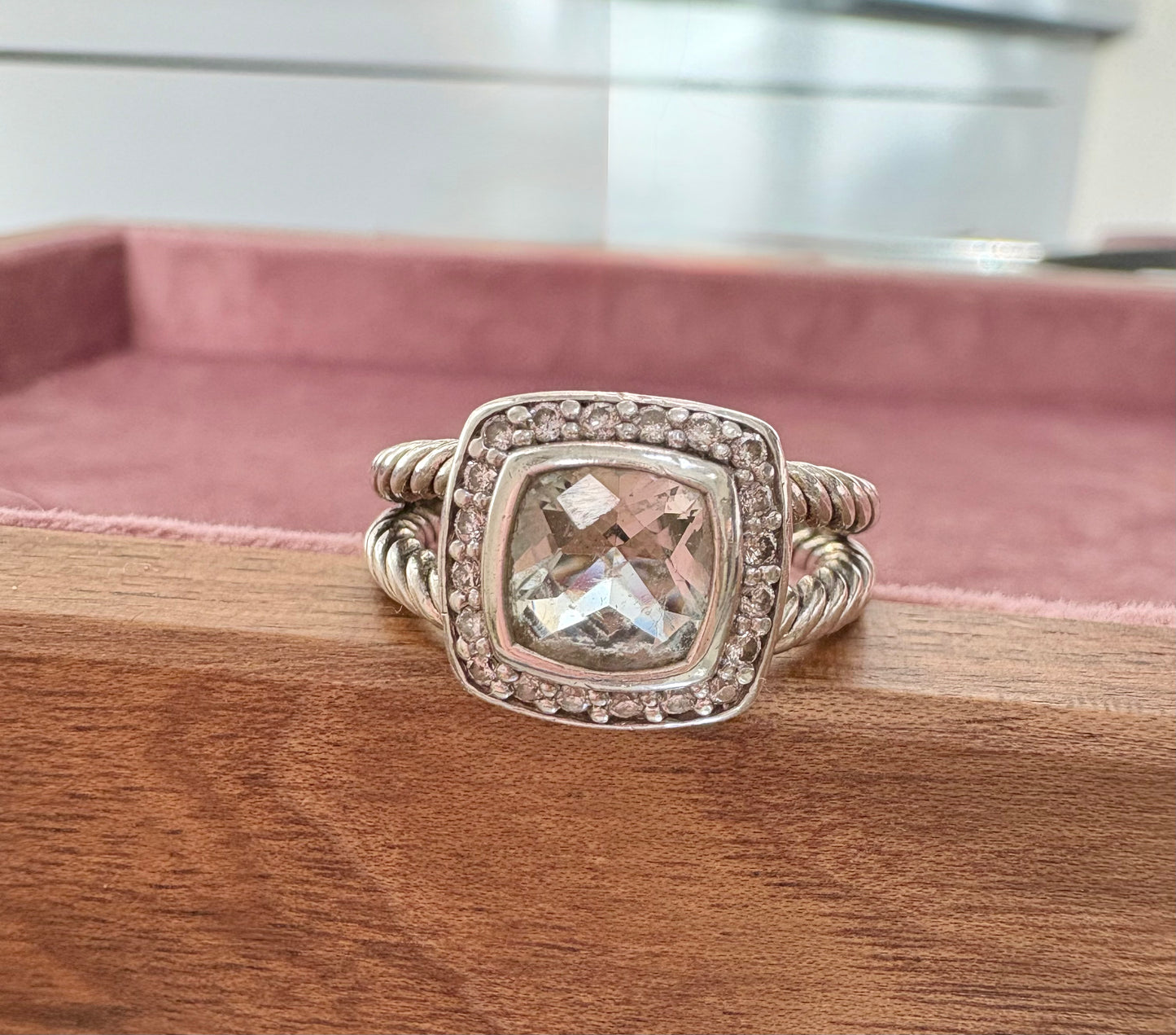Gorgeous David Yurman Sterling Silver Albion White Topaz & Diamond Cable Ring