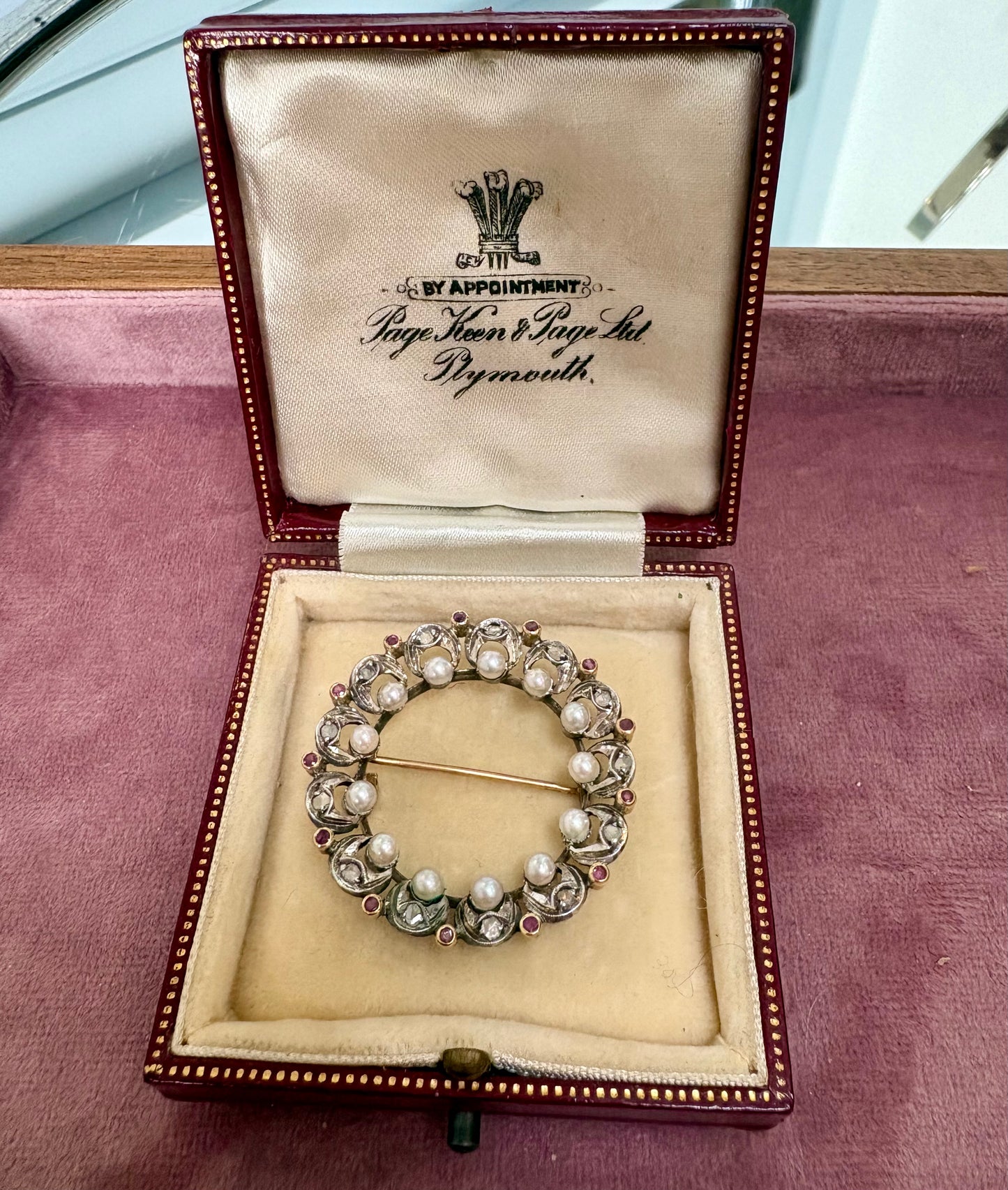 Exquisite 20th Century Pink Sapphire, Pearl and Diamond Brooch with Original Case