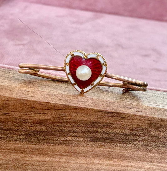Stunning Victorian Gold, Seed Pearl and Red Enamel Heart Brooch