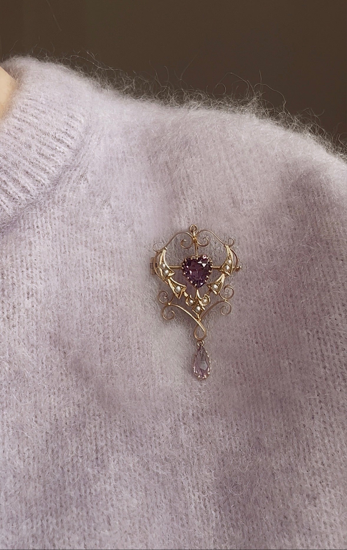 Superb Early 20th Century Amethyst and Split Pearl Heart Brooch and/or Pendant