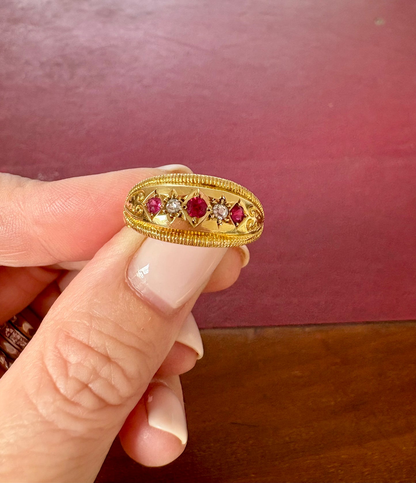 Stunning Early 20th Century 18ct Yellow Gold, Synthetic Rubies and Old-Cut Diamond Ring