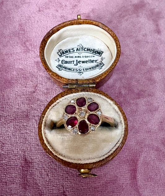 Wonderful Art Deco 9ct Gold, Garnet and Diamond Flower Cluster Ring by Joseph Cleary