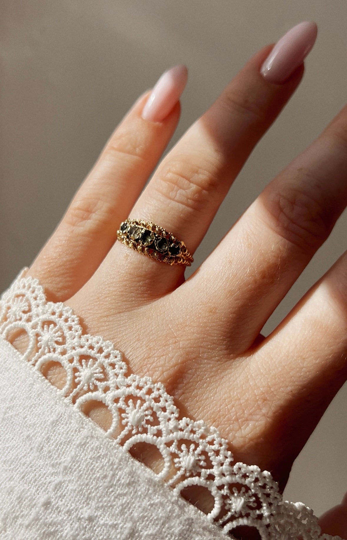 Remarkable Georgian Green and Colourless Gem Foiled Backed Five Stone Ring