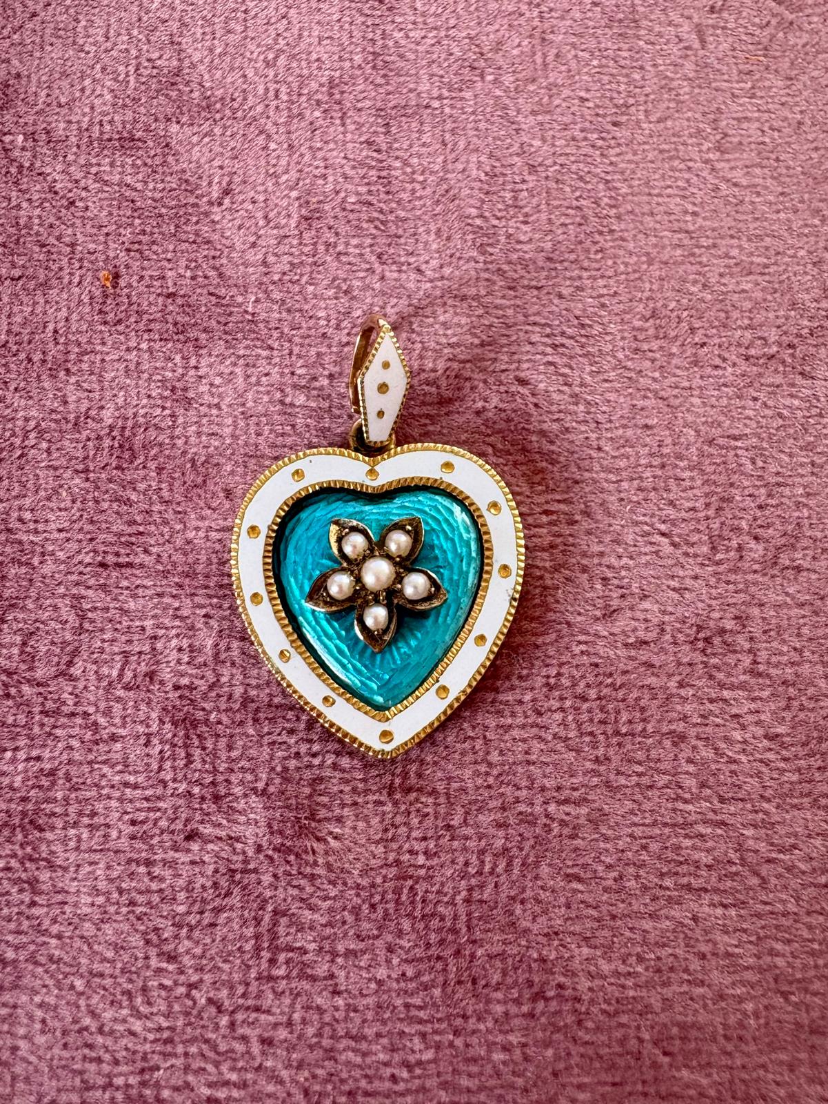 Stunning Early 20th Century Gold Pearl and Enamel Heart Pendant