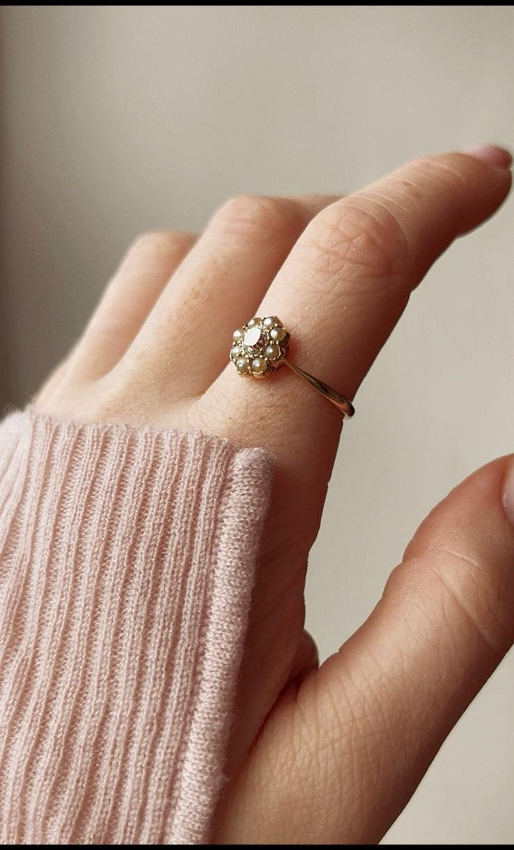 Delightful  Victorian 18ct Gold, Seed Pearl and Diamond Ring