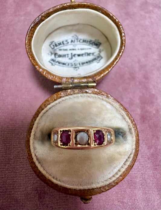 Stunning Early 20th Century Ruby and Split Pearl Five Stone Ring