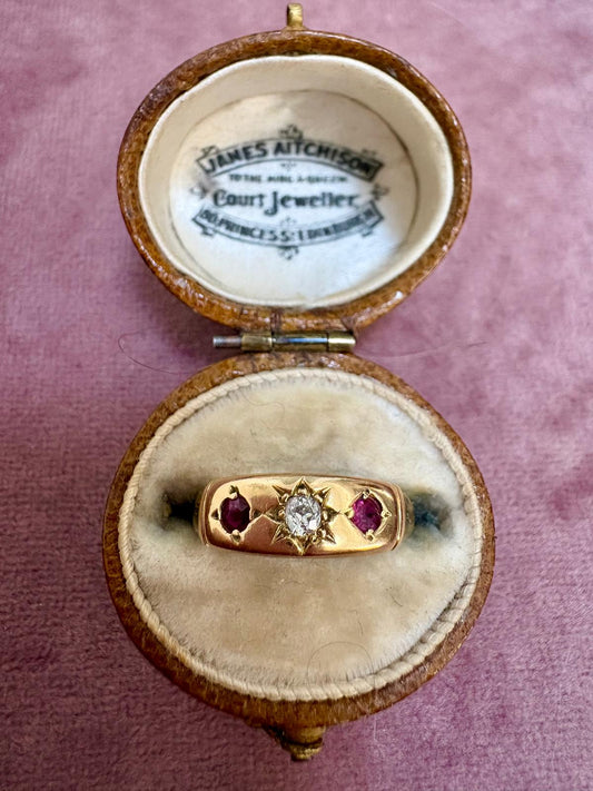 Gorgeous Victorian 18ct Gold Ruby and Diamond Starburst Gyspy Set Ring