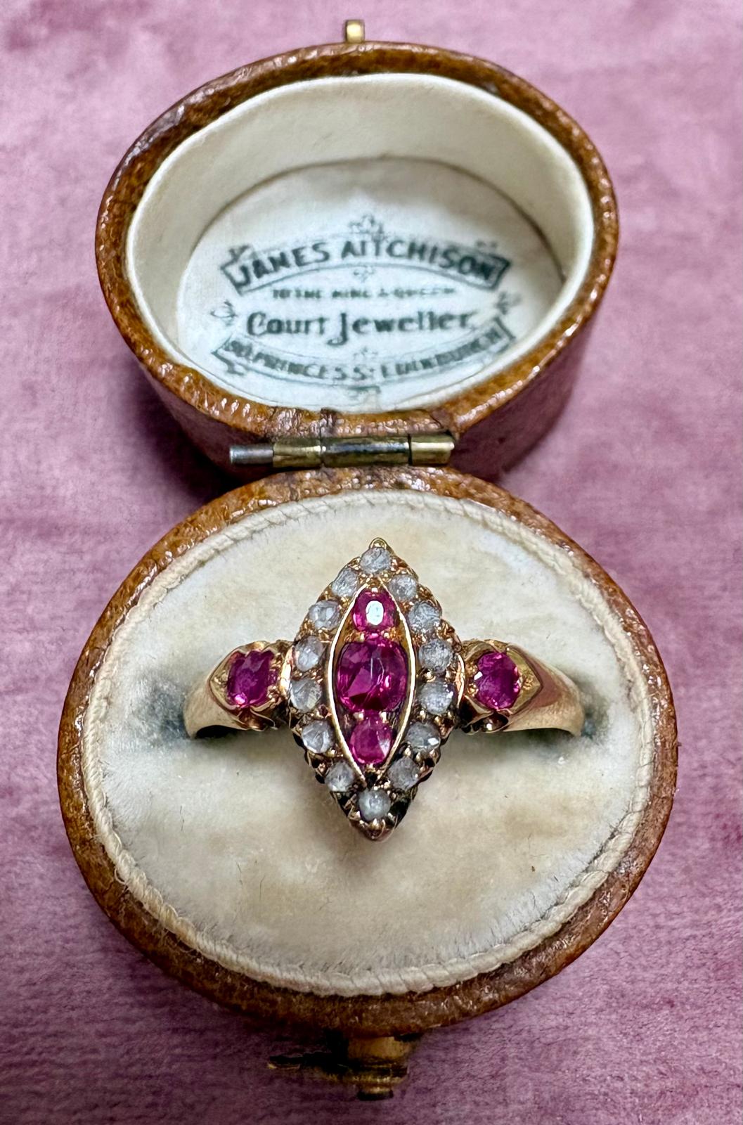Stunning Edwardian 18ct Gold, Ruby and Diamond Marquise Cluster Ring