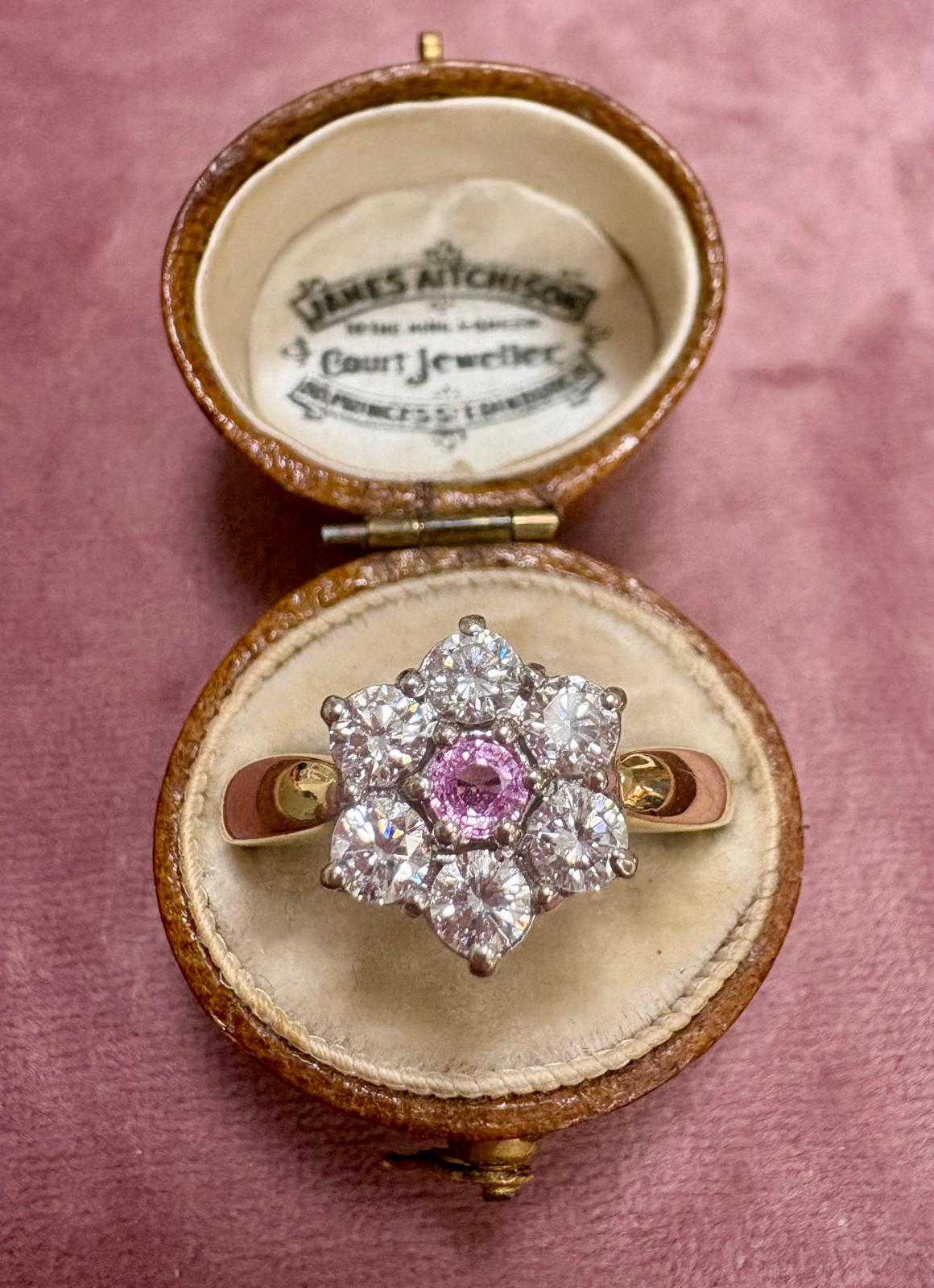Absolutely Stunning Modern 18ct Gold, Pink Sapphire and Diamond Cluster Ring