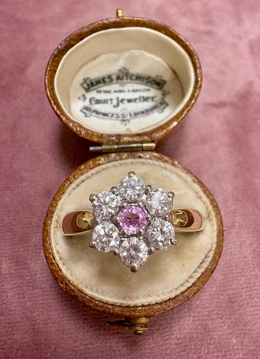 Absolutely Stunning Modern 18ct Gold, Pink Sapphire and Diamond Cluster Ring
