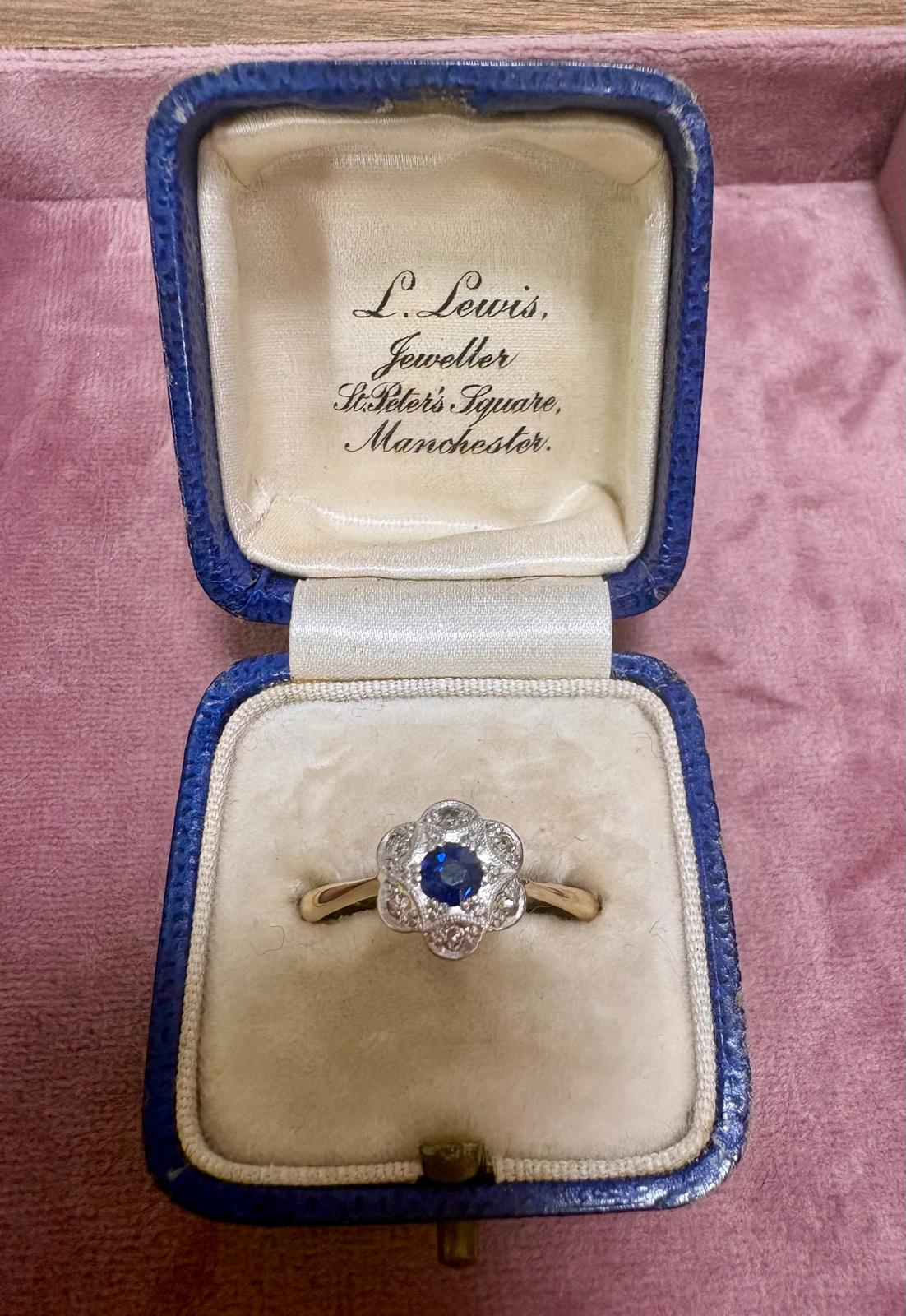 Very Sweet Art Deco 18ct Gold, Platinum, Blue Sapphire and Diamond Flower Ring