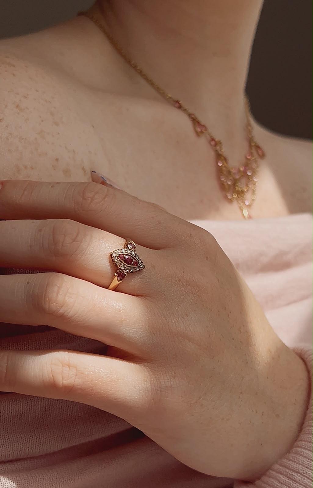 Stunning Edwardian 18ct Gold, Ruby and Diamond Marquise Cluster Ring