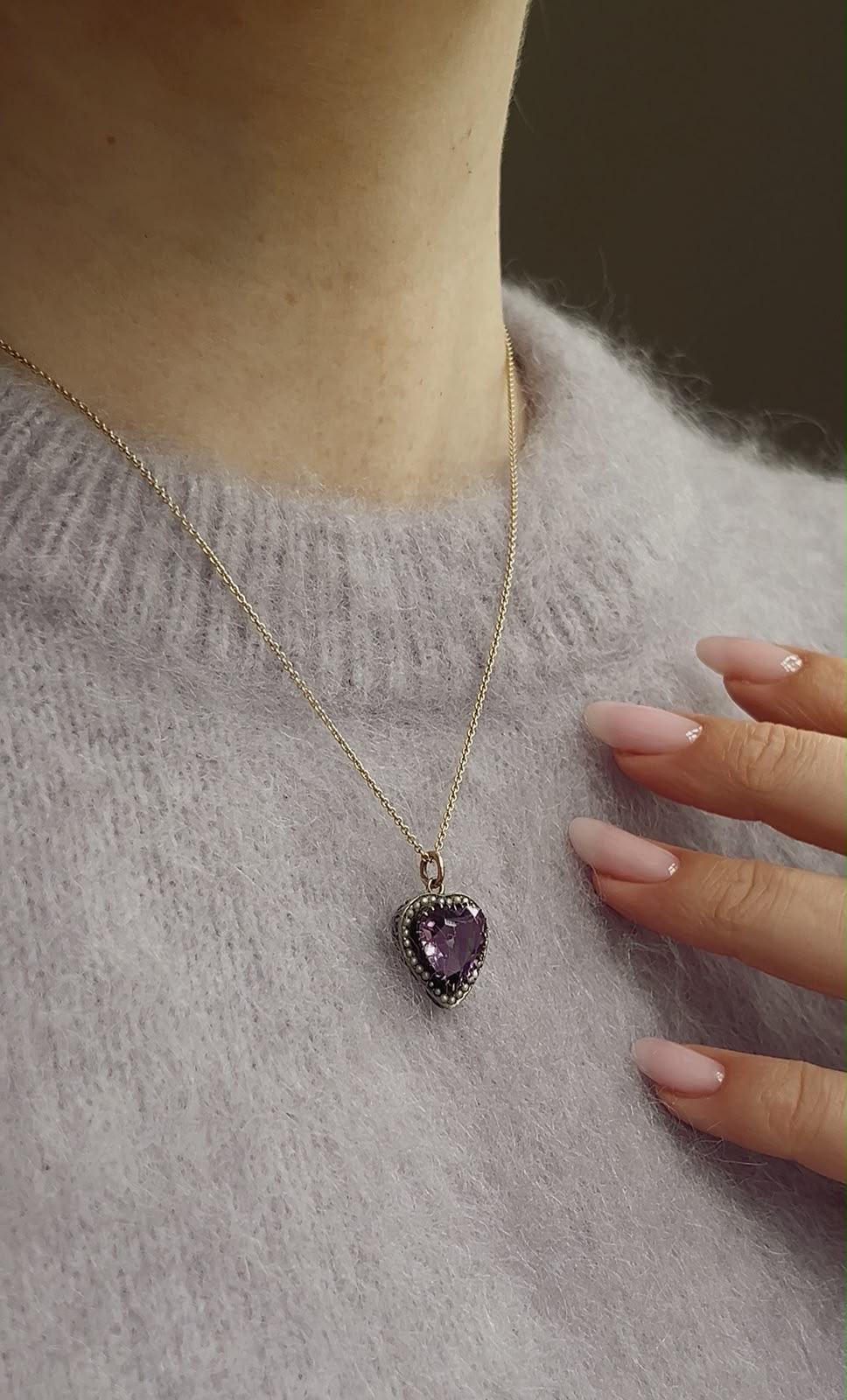 Antique Heart Shaped Amethyst and Seed Pearl Pendant