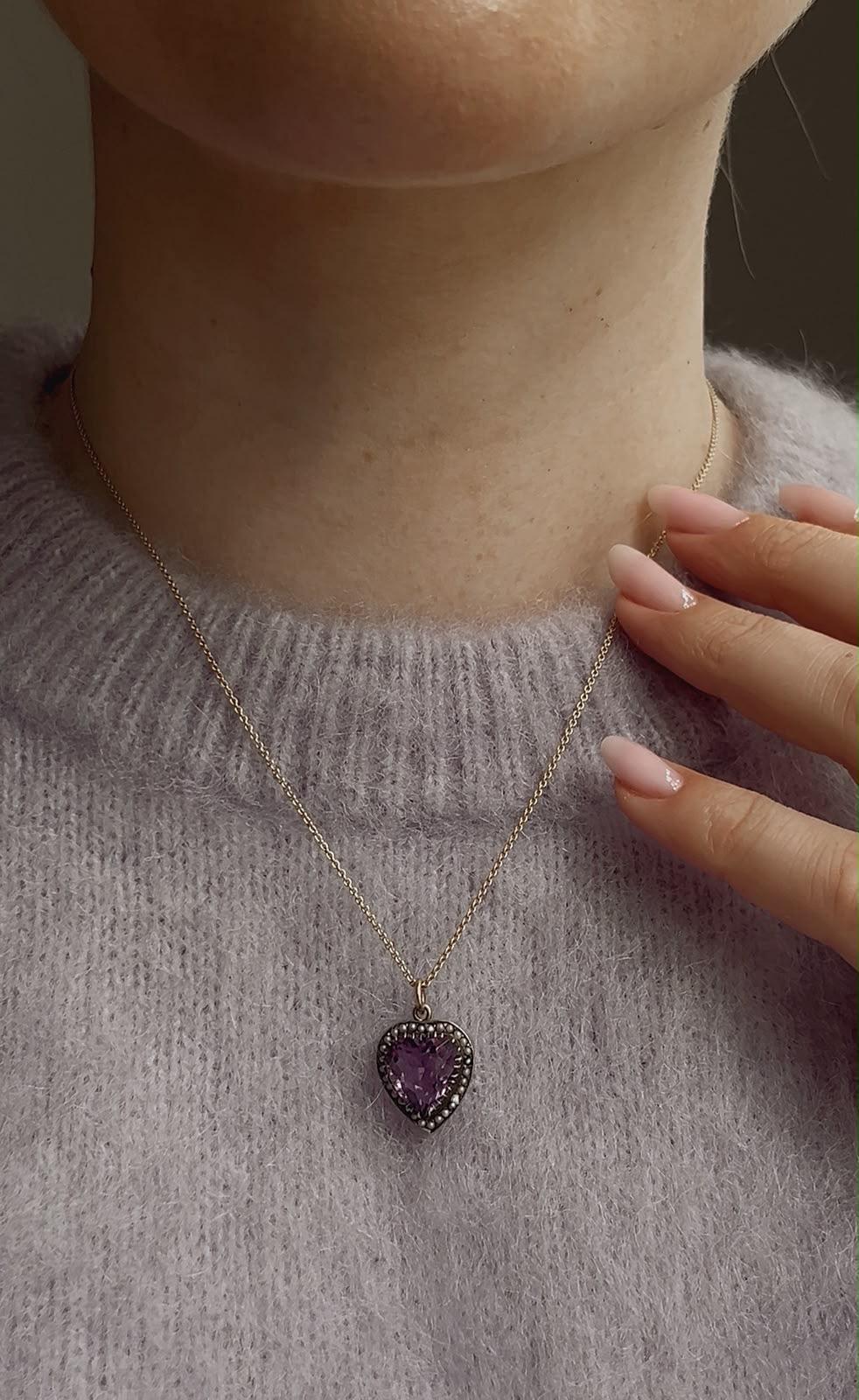 Antique Heart Shaped Amethyst and Seed Pearl Pendant